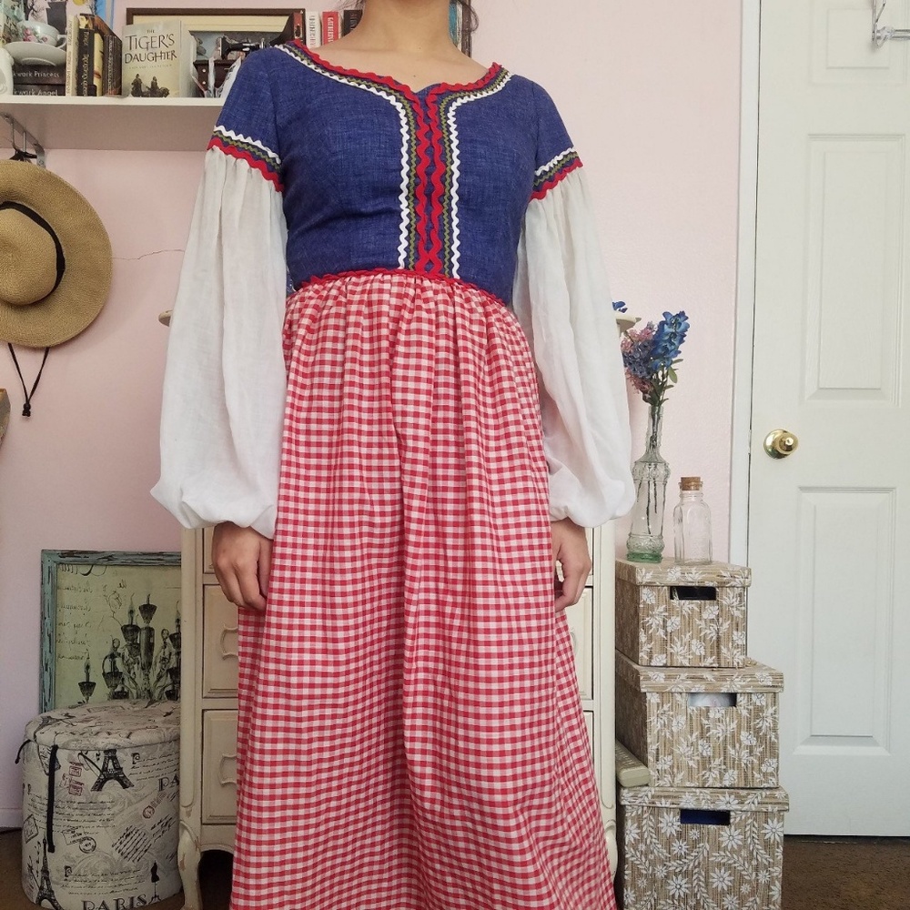 Vintage 70s Candi Jones Denim & Gingham Dress